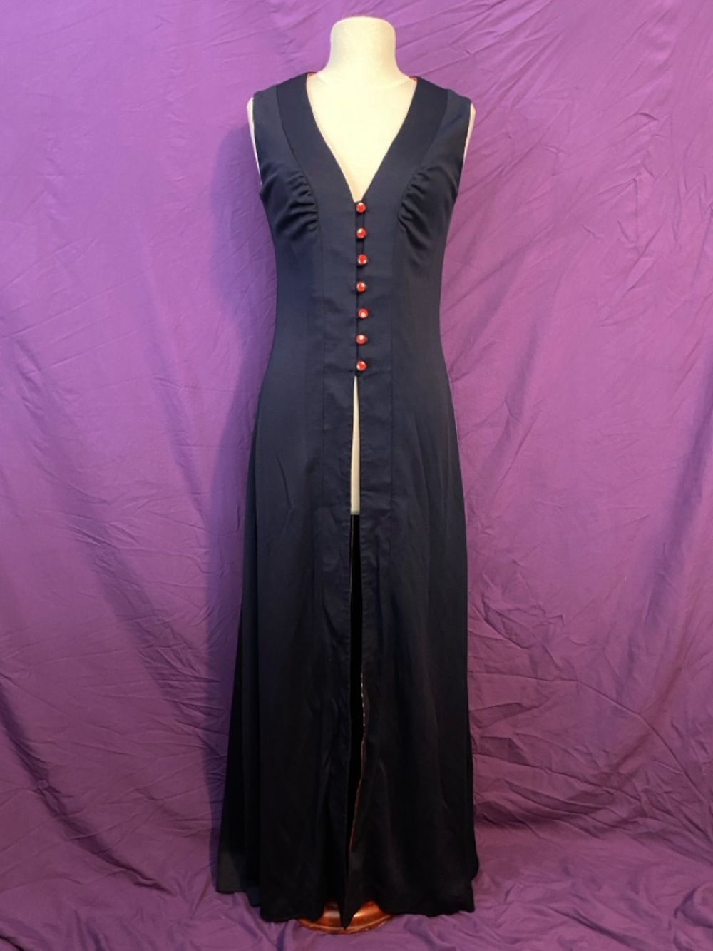 Vintage 70s Young Edwardian Navy Sleeveless Duster with Red Polka Dot Buttons - Picture 1 of 8